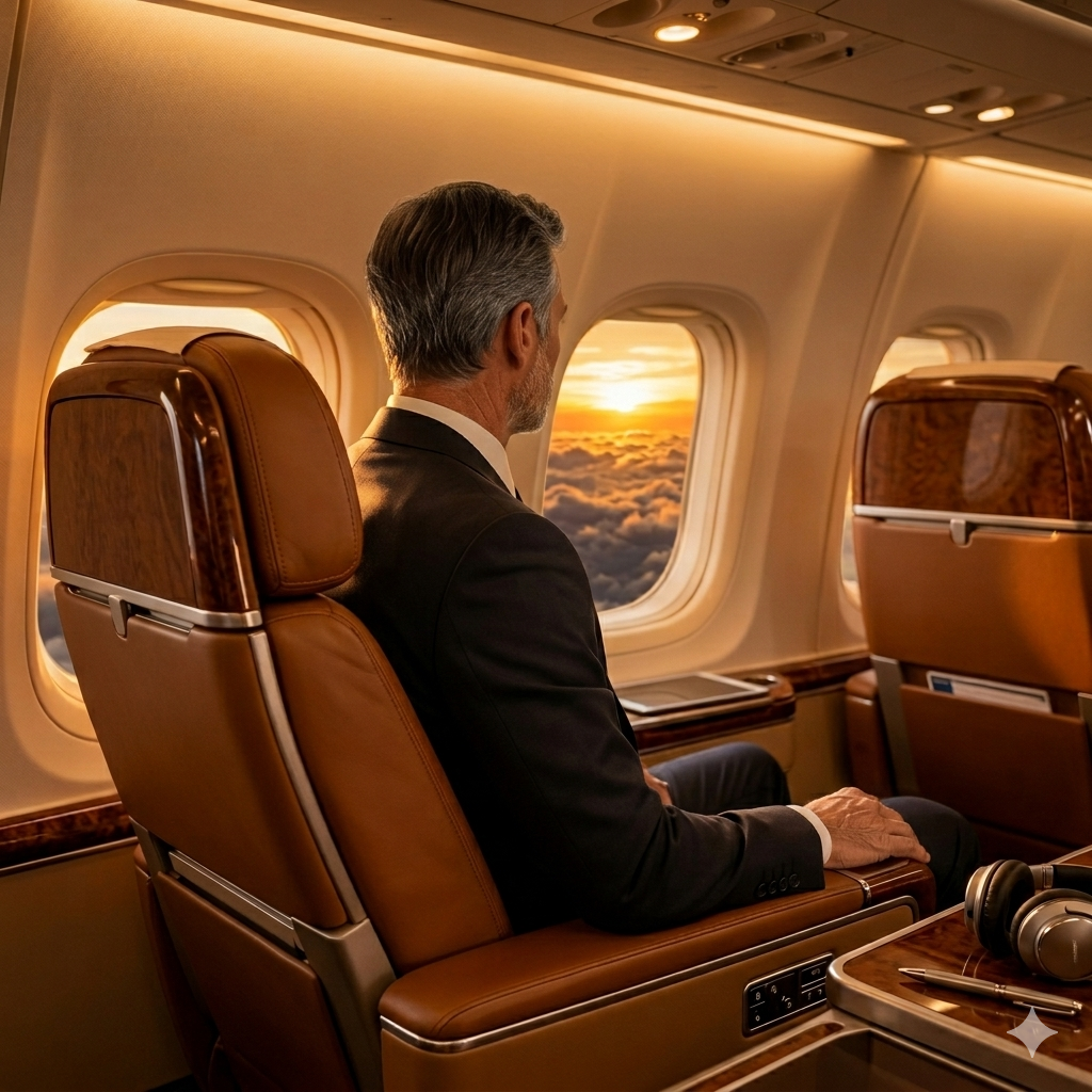 Executive looking out airplane window at sunset