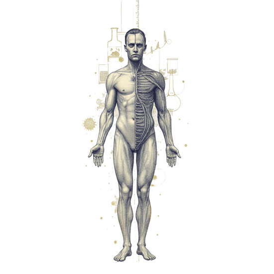 Human male anatomy sketch — biological systems under load